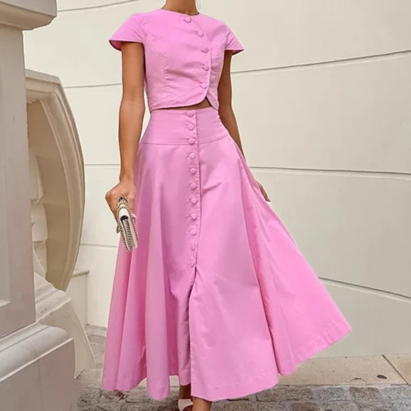

New European and American Style Pink Pure Cotton High-Waisted V-Neck Skirt Set, Fashion Women's Two-Piece Outfit