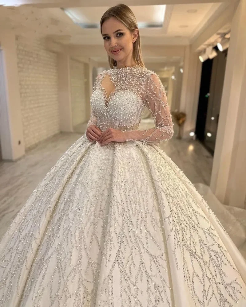 Flavinke Customized Luxurious Pearls Sequins Long Sleeves Wedding Dresses Princess Beading Bride Ball Gowns Vestidos De Novia