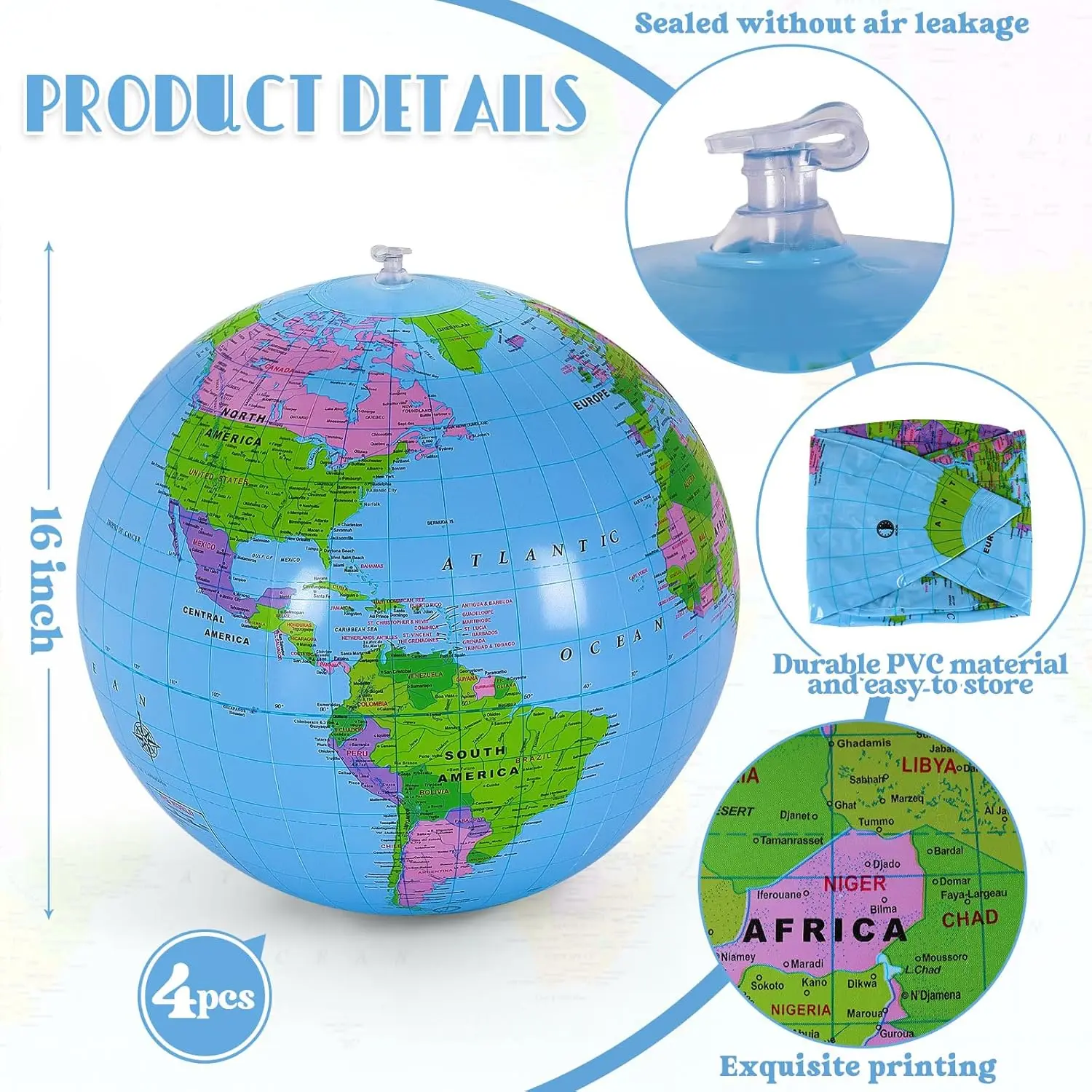 4PCS Globo gonfiabile Blow up World Globe Summer Outdoor PVC Beach Ball per bambini Aula scolastica Geografia Party 16 pollici