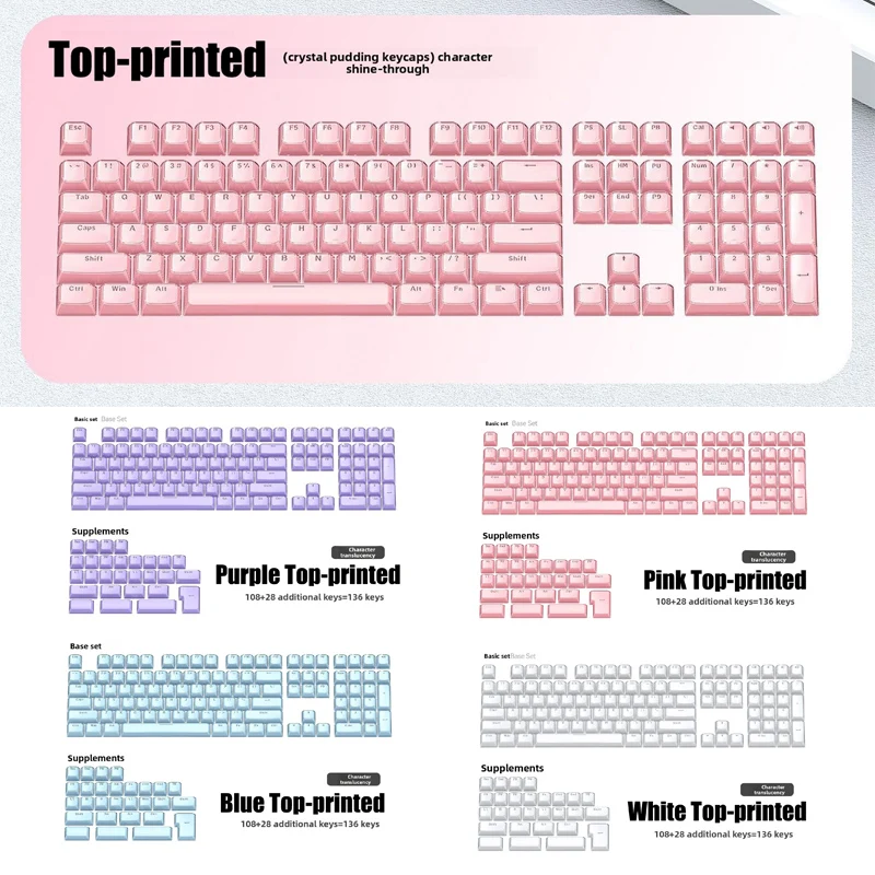 Keycaps Keyboard Mekanik Crystal Jelly dengan Cetak Samping dan Atas, Pola Aliran Lapis Ganda, Profil OEM, 136 Tombol Atas