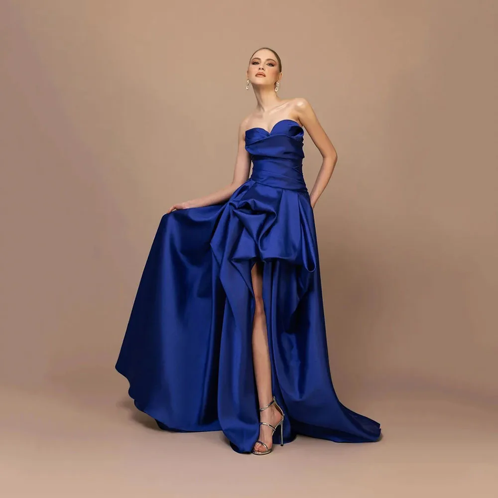 

Customized Satin Evening Dresses Elegant Formal Occasion Strapless Prom Gowns Front Split Floor Length Prom Dresses 2025