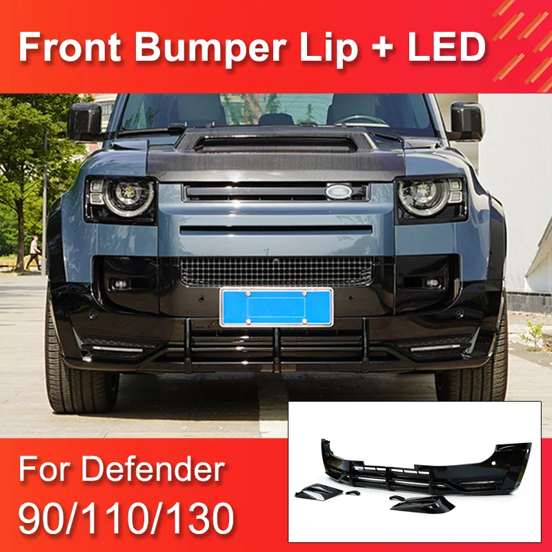 

Black ABS Front Bumper Lip with LED for Land Rover Defender 90 110 130 2020-2022 Non Destructive Front Bumper Lip with LED Light