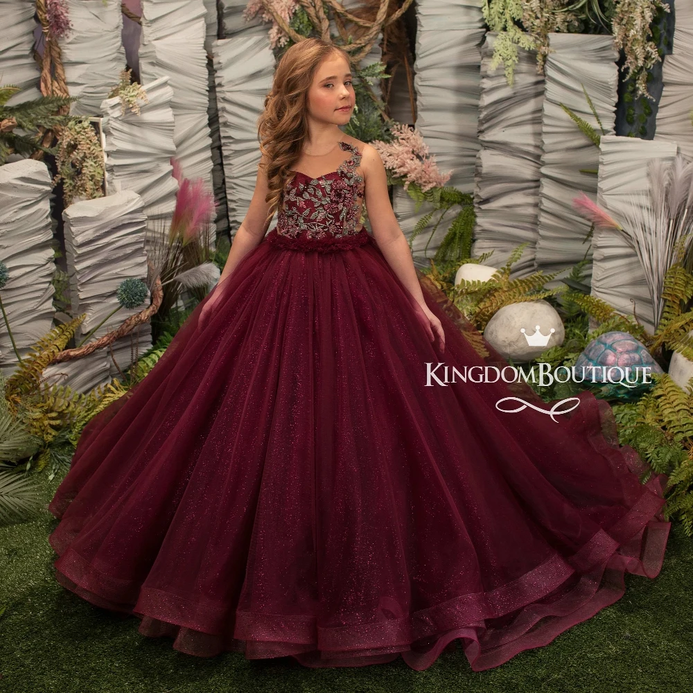 

Customized Burgundy Flower Girl Dress For Weddings Floral Appliques Kids Princess Girls Pageant Gown Vestidos De Fiesta YFD033