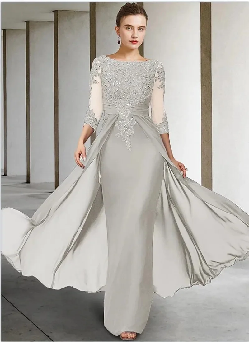 

Elegant Wedding Guest Dresses Long Applique Women's Evening Dress Chiffon Formal Sheer Neck Mother of the Bride Dress 2024