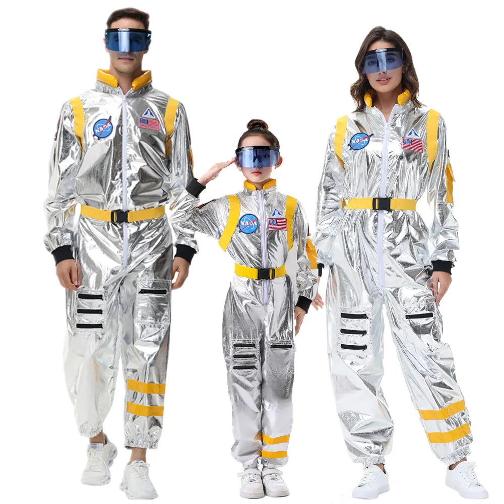 Costume d'astronome de l'espace argenté pour adultes et enfants, combinaison imbibée, cosplay d'Halloween, tenue de performance sur scène