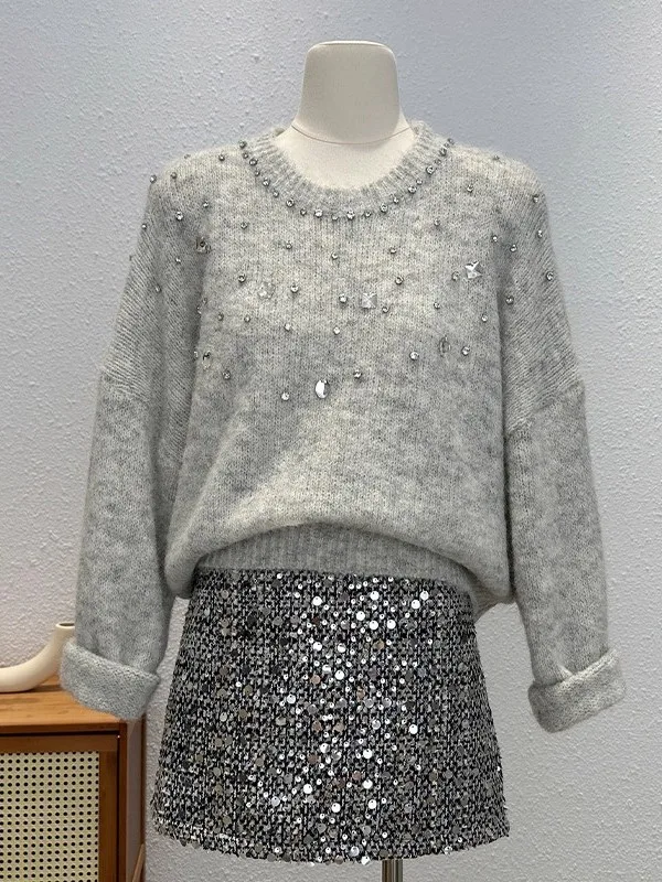 

Ey Design Sense круглый пуловер Ne, вязаный свитер, уникальный свободный женский топ с тяжелыми бриллиантами, осень-зима