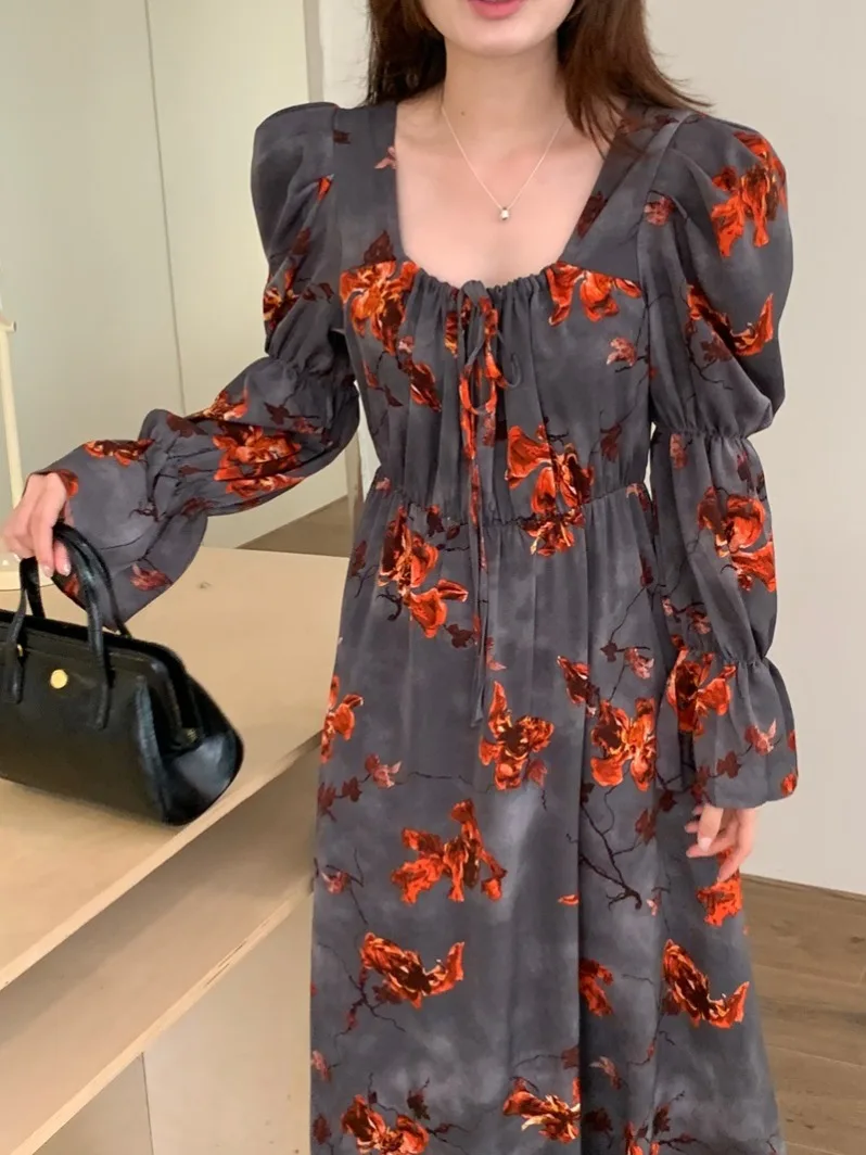 Dress Women 2024 New French Style Vintage Flounced Chiffon Floral Print Long Sleeve V-Neck Dresses