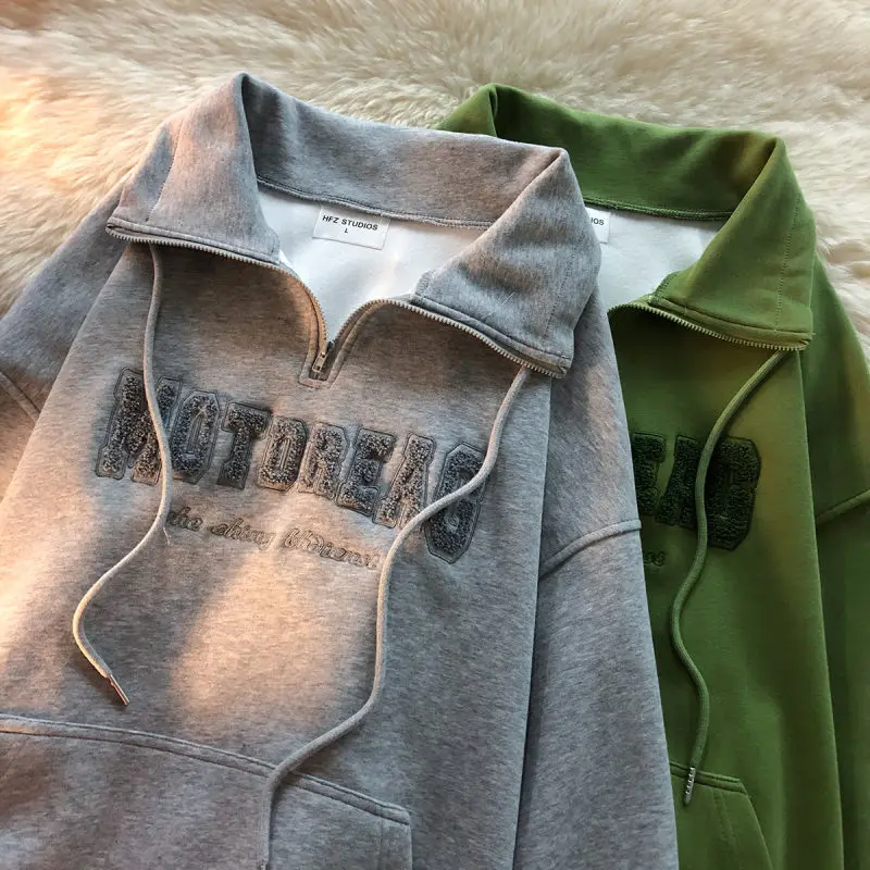 Green Vintage Zipper Draw String American Hiphop Sweatshirt Women Long Sleeve Pullover New Spring Loose Ins Thin High Street Top