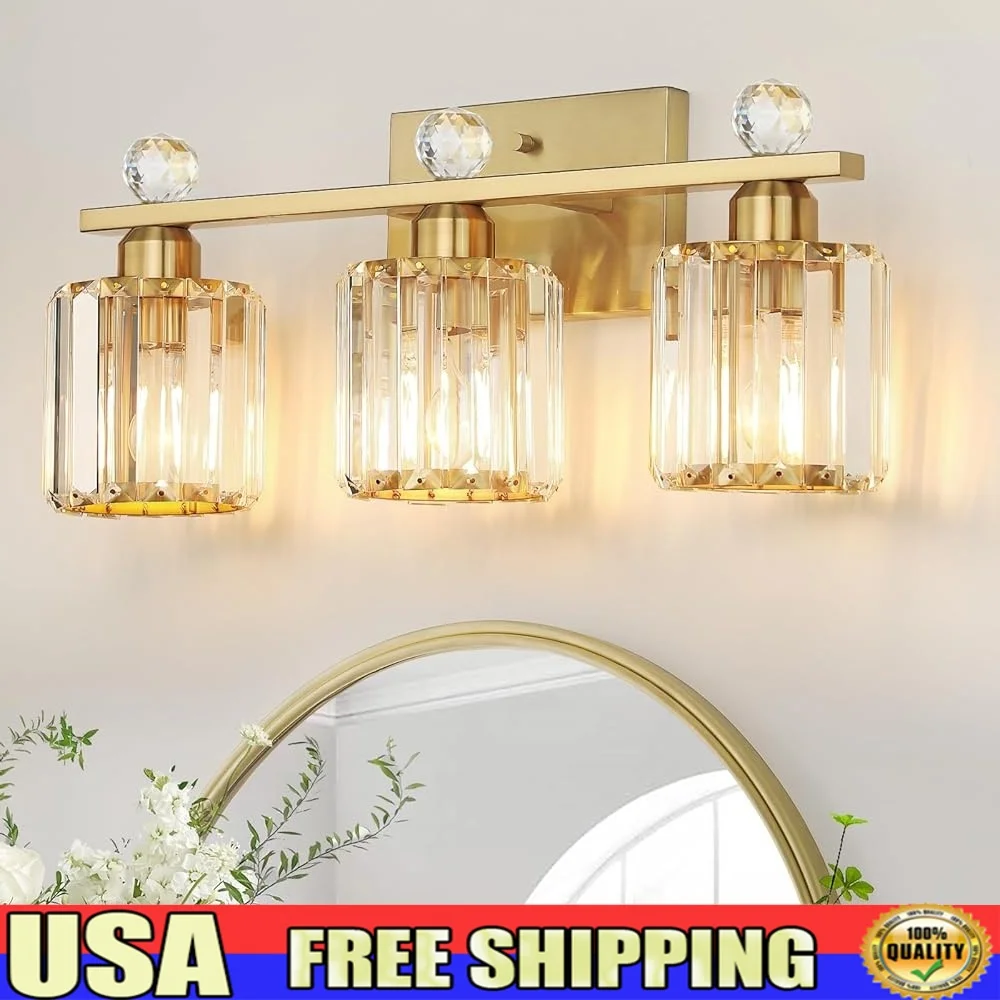 

3-Light Gold Bathroom Vanity Light Fixtures Crystal Glass Shades Modern Sconce Durable Heat Resistant Metal Mirror Lighting