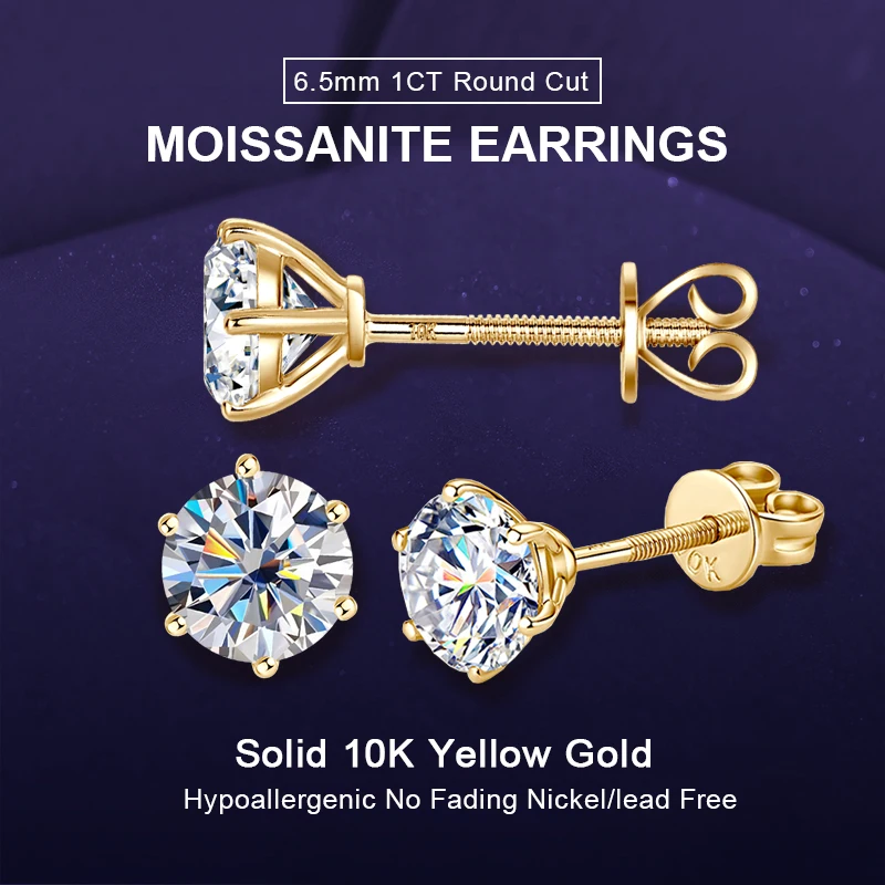 IOGOU Real Gold Stud Earrings Moissanite 6.5mm 1CT D Color Lab Diamond Classic Six Claws 10K Earrings for Women Men Fine Jewelry