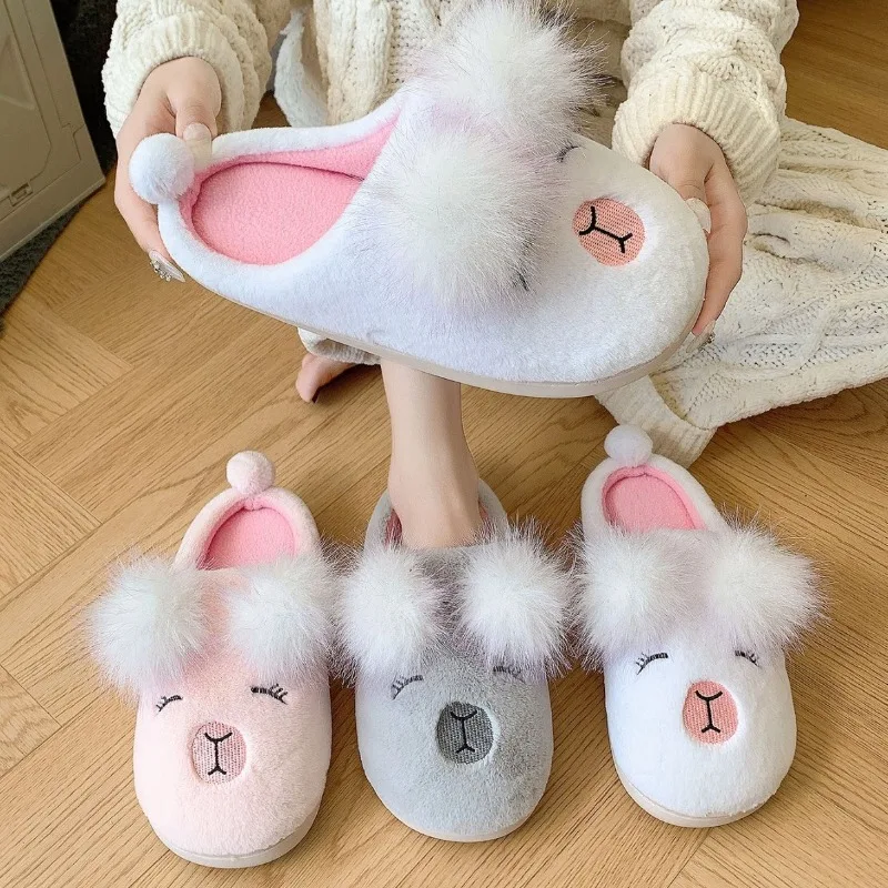 

Cute Bear Plush Slippers for Women Fashion Winter Warm Fluffy Slippers Cartoon Bear Home Cotton Shoes Woman Large Size Slippers