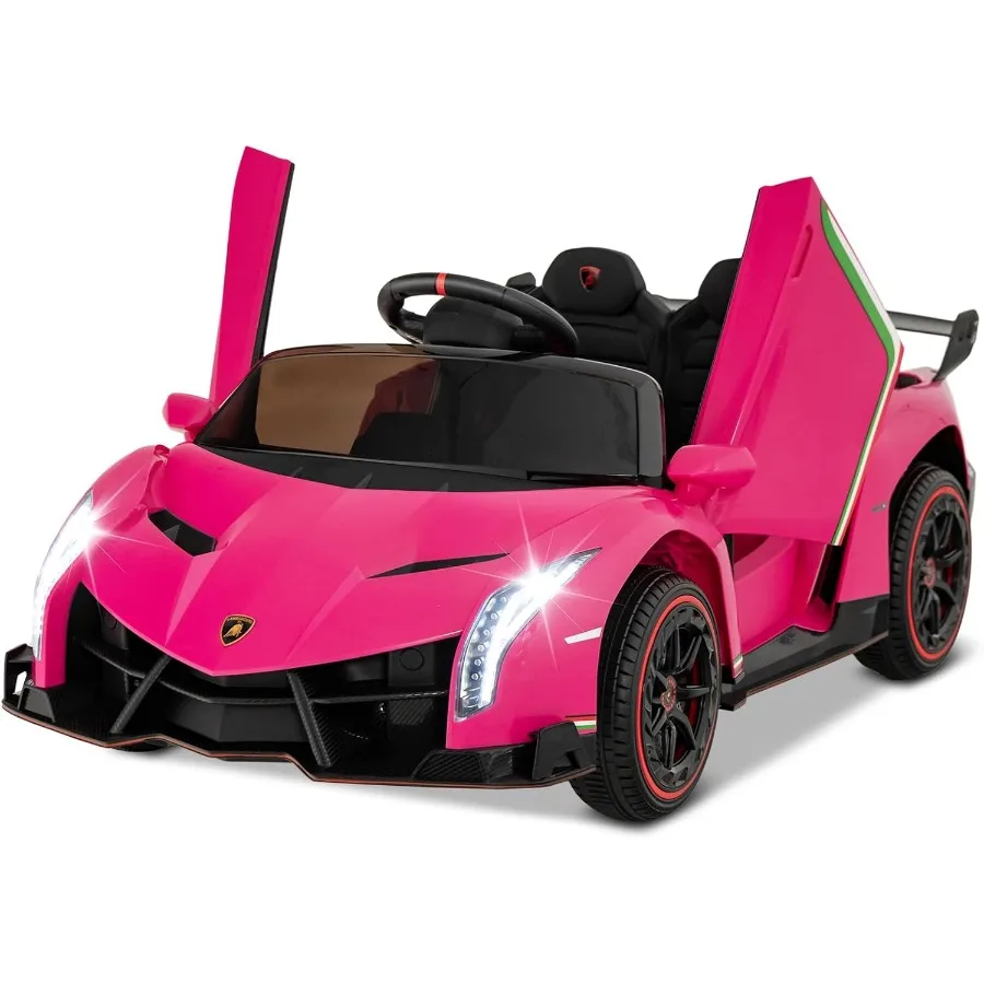 รถยนต์เด็กนั่งขับสีชมพู ขับเคลื่อนด้วยแบตเตอรี่ 12V ระบบขับเคลื่อน 4 ล้อ รุ่น Lamborghini พร้อมรีโมทคอนโทรล 3 ระดับความเร็ว ประตูคู่ ไฟ LED แตร เสียงเพลง พร้อมใบอนุญาต