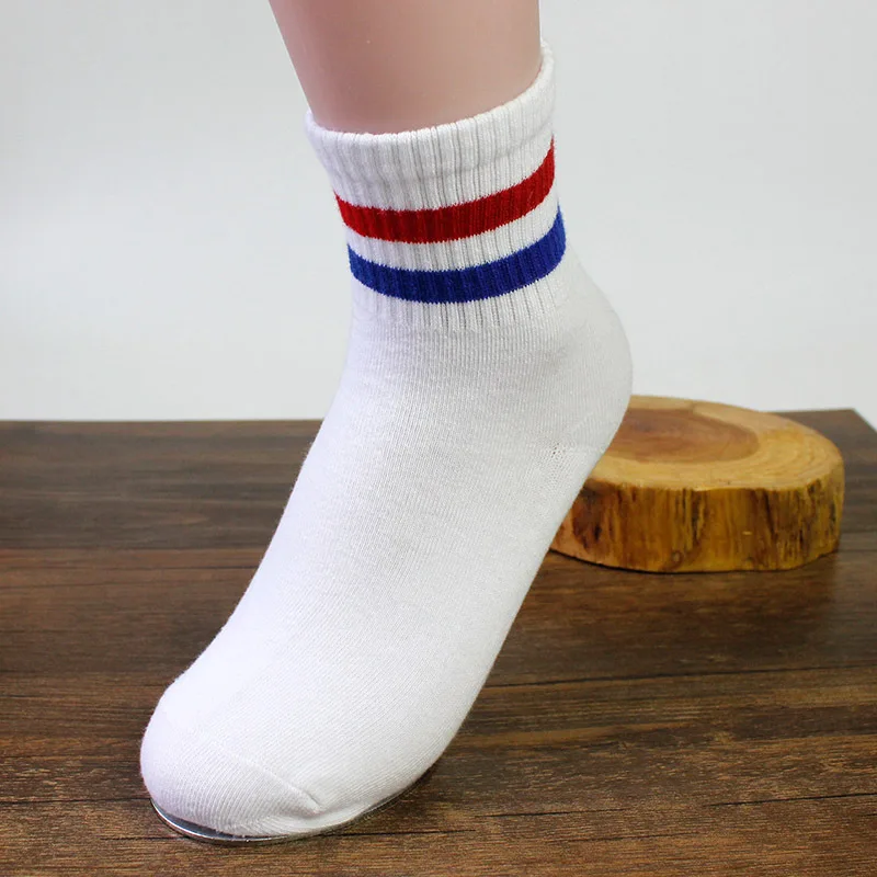 Summer Sports Men's and Women's Socks Couple Solid Color Pure Cotton Breathable Rare Medium Length Socks Two Bar Short Socks