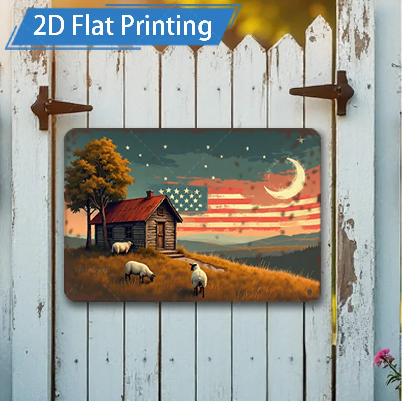 1pc 8x12inch Metal Sign Rustic Farmhouse with Sheep and American Flag Night Scene Metal Sign