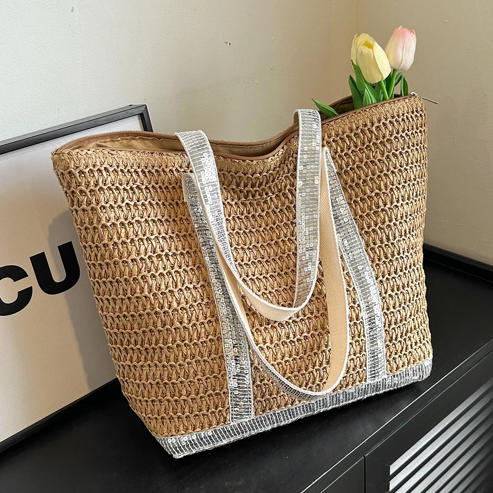 Women\'s Tote Bags Sequin Straw Shoulder Bag Woven Rattan Large Summer Beach Bag Raffia Shopping Bag Purse Straw Crochet Handbags