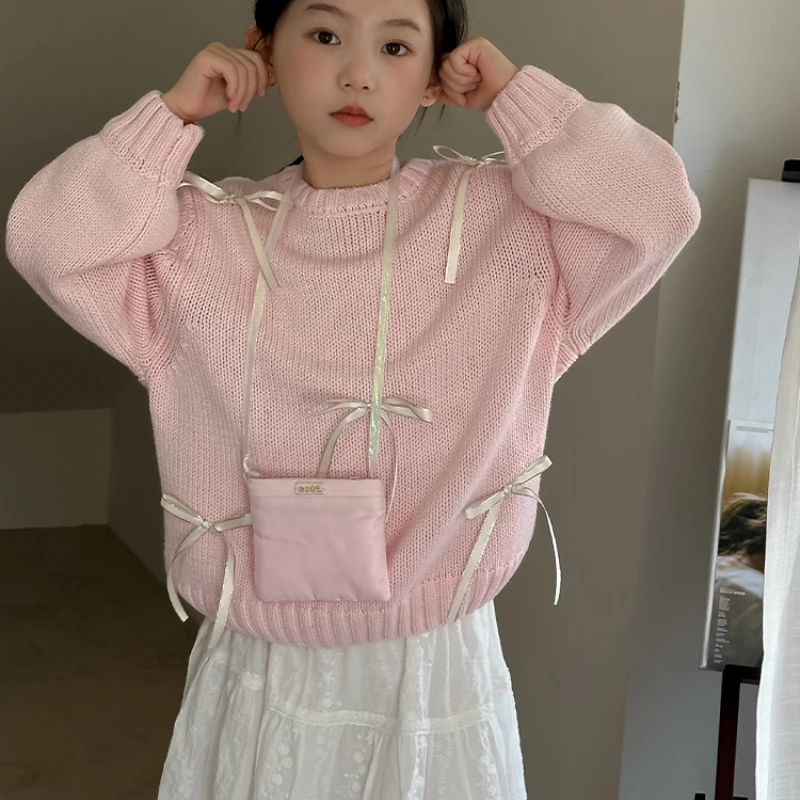 

Sweater Skirt Girls Autumn 2024 New Bow Knitting Pullovers Cute Sweet Comfortable Leisure Active