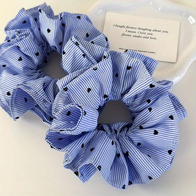 Blue Striped Love Heart Four-Layer Ruffled Large Intestine Hair, Bun Headband Elastic Hairband with Low Ponytail Hair Rope