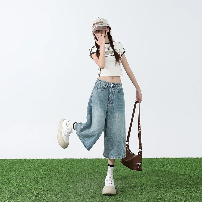 Popular American Retro Loose Straight Leg Wide Leg Cropped Pants Cool Blue Cropped Jeans Women's High-quality Cotton