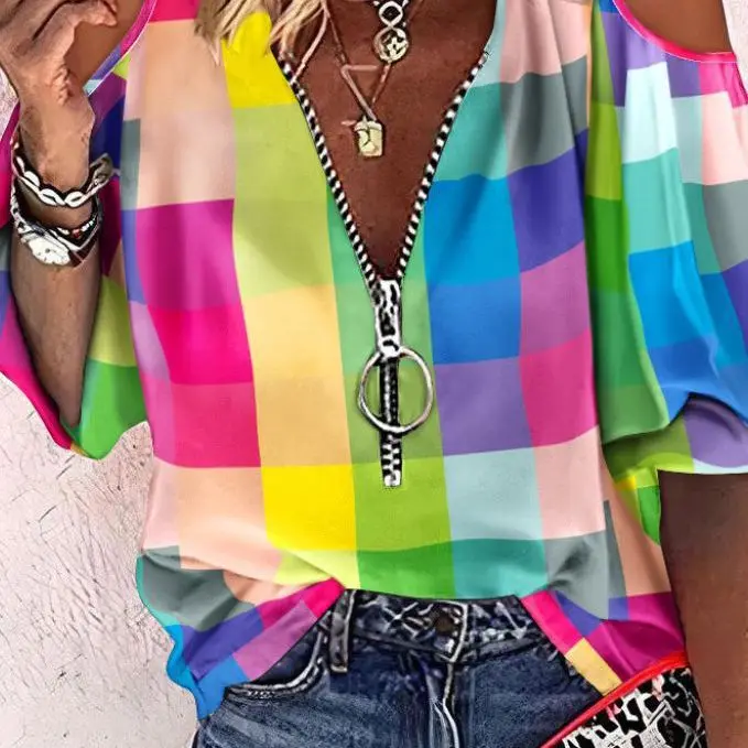 

Rainbow Color Printed V-neck Zipper Loose Version Off-the-shoulder Top 2025 Spring And Summer New Fashion Women's Pullover