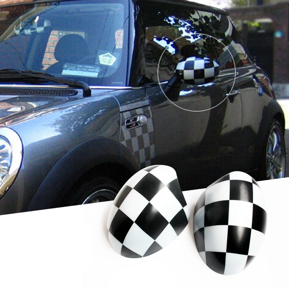 Car Checkered Mirror Caps Covers for BMW MINI Cooper R55 R56 R57 with Auto Powerfolding Mirrors Only