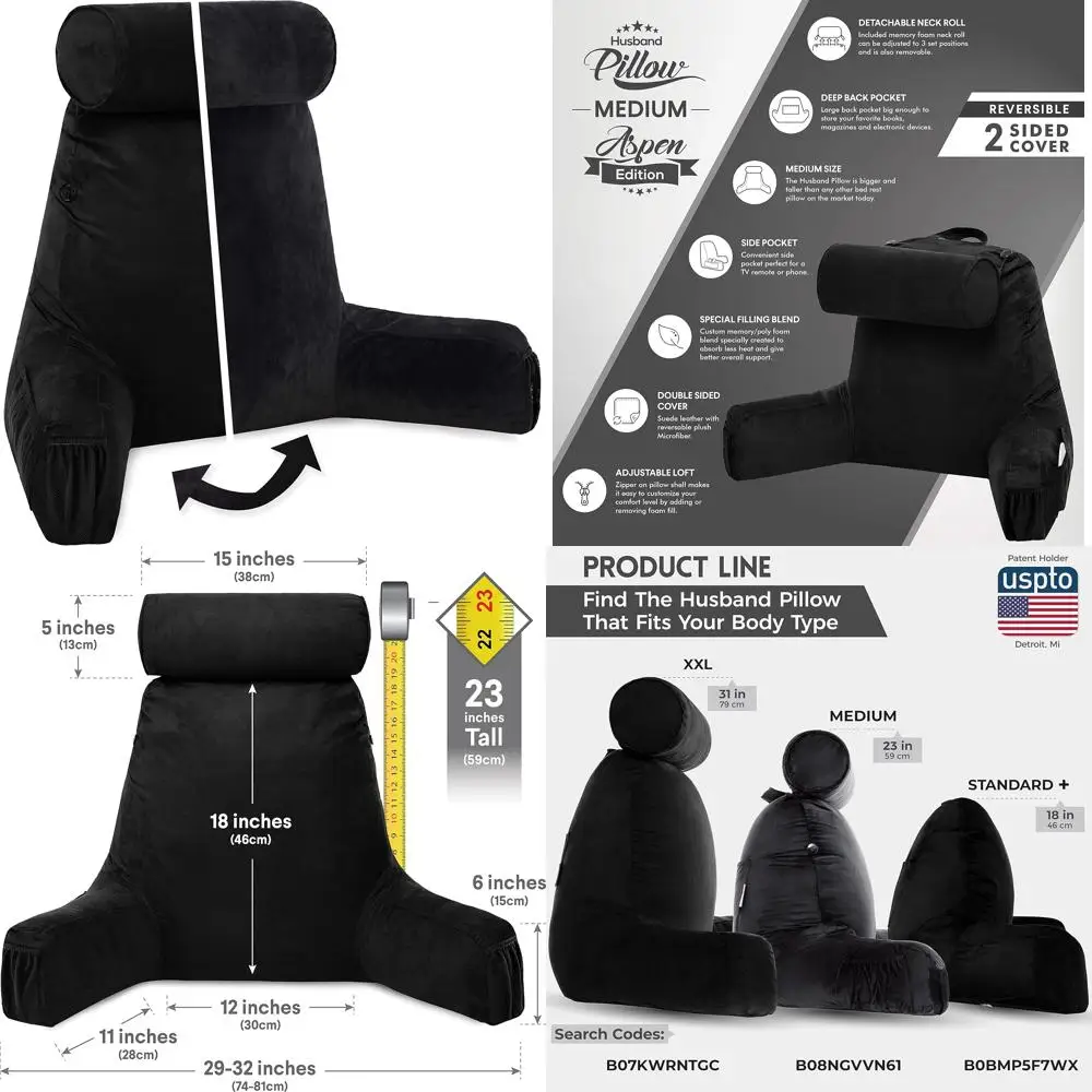 

Ultra-Comfortable Medium Size Pillow with Arms for Reading and Bed Rest, Ideal for Sit-Up Support and Detachable Neck Roll, Prem