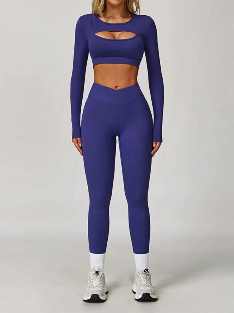 Women 2 Piece Yoga Set Long Sleeve Workout Tracksuit Gym Sportswear Athletic Wear Fitness Bra Top Legging Sports Clothes