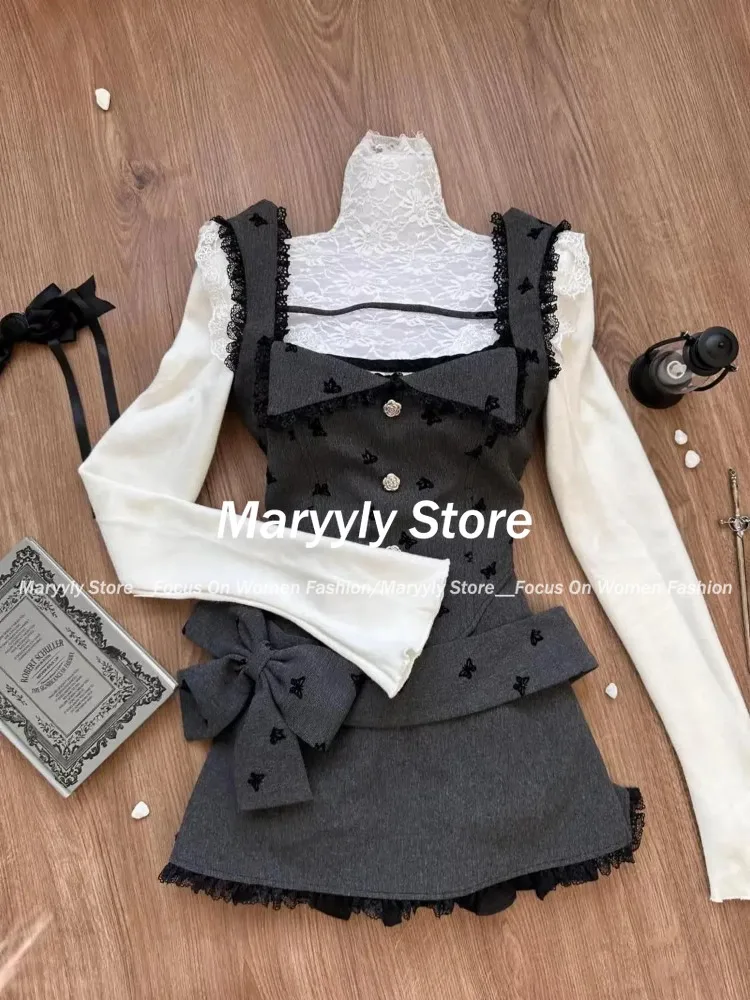 2024 New Japanese Vintage 3 Piece Set Women Casual Square Collar Blouse + Lace Patchwork Print Vest + Y2k Bow Mini Skirts Female