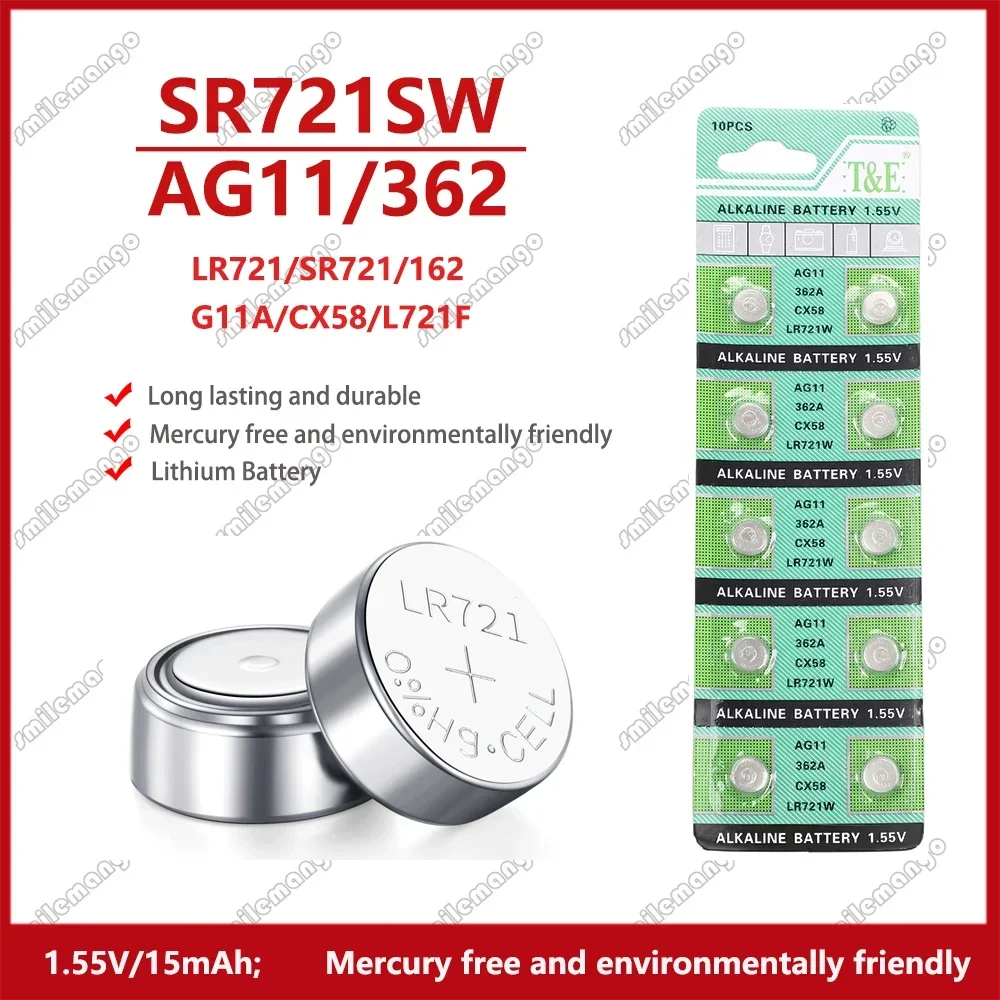 Bateria de Botão de Proteção Ambiental para Relógio, AG11, 362, LR721, 362A, L721F, SR721SW, 1.55V, 40-200Pcs, Novo