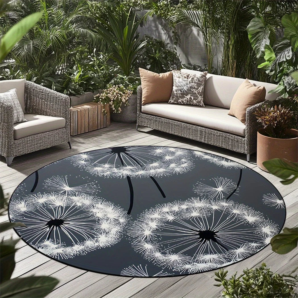 Dark Background Dandelion Floral Circular Area Rug  Water Resistant Anti Slip Round Doormat Indoor Outdoor Garden Rug