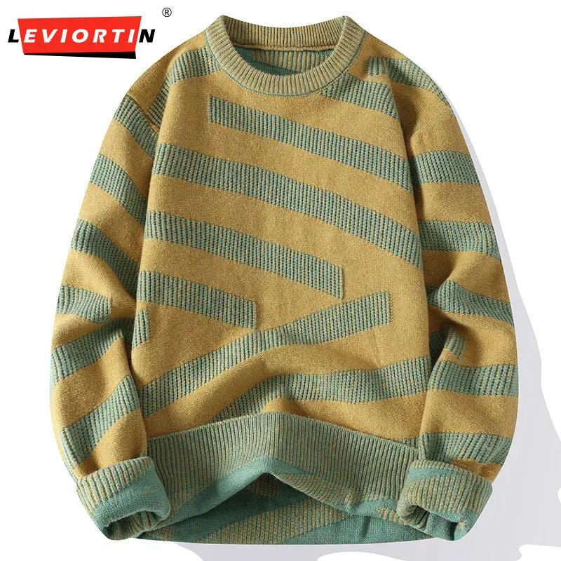 

Men's Autumn and Winter New Thick Thread Round Neck Sweater Color Block Thickened Loose and Warm Knitted Shirt Trendy Top M-3XL