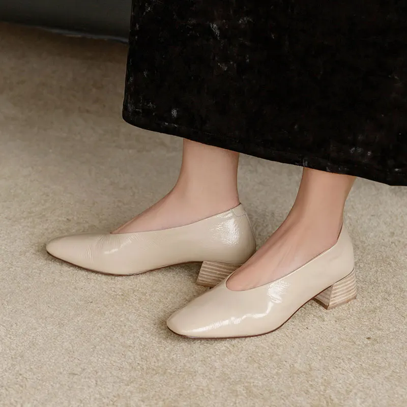 Woman Shoes Square Toe For Retro Pumps French Style Wrinkle Leather Pumps Slip On European Spring  Handmade Vintag Dress Pump