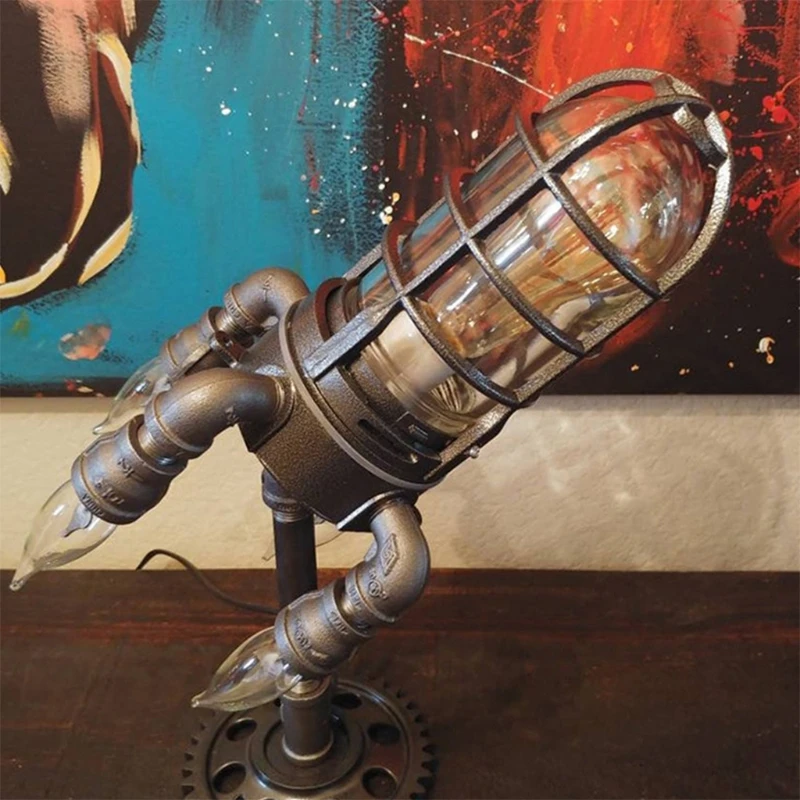 KX4B Retro Steampunk Rocket Light Home Decoration Rocket Flame Desktop Night Lamp AU Plug Specification Desk Night Lamp