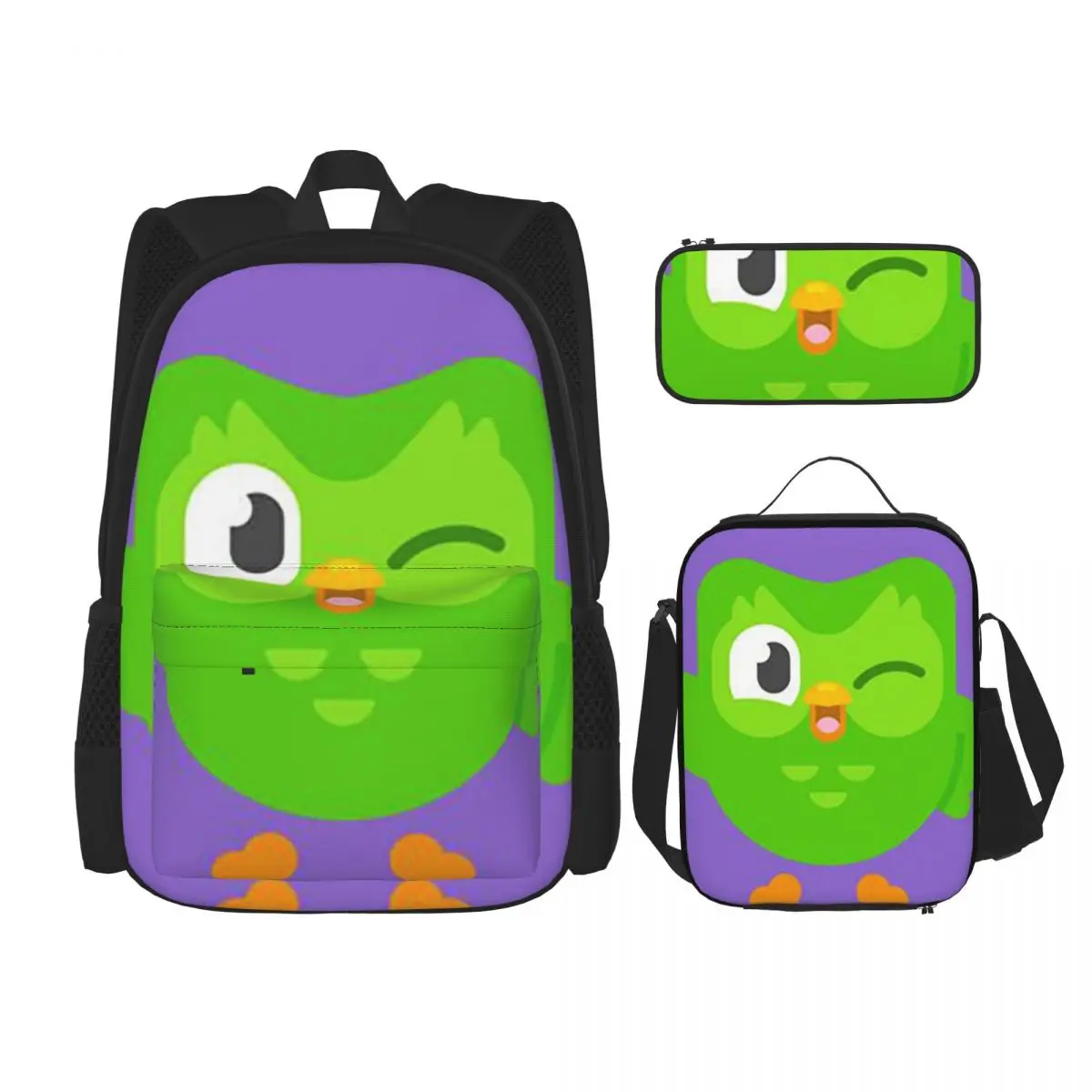 

Duolingo Owl Duo Backpacks Boys Girls Bookbag Children School Bags Kids Rucksack Lunch Bag Pen Bag Three-Piece Set