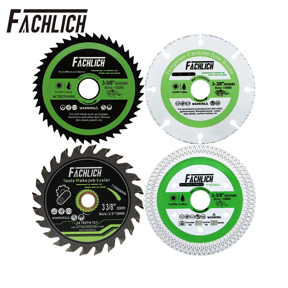 FACHLICH 4pcs Set Diamond Cutting Disc Circualr Saw Blade 85mm Tile Porcelain Steel Aluminum Marble Concrete Wood Plate Bore15mm