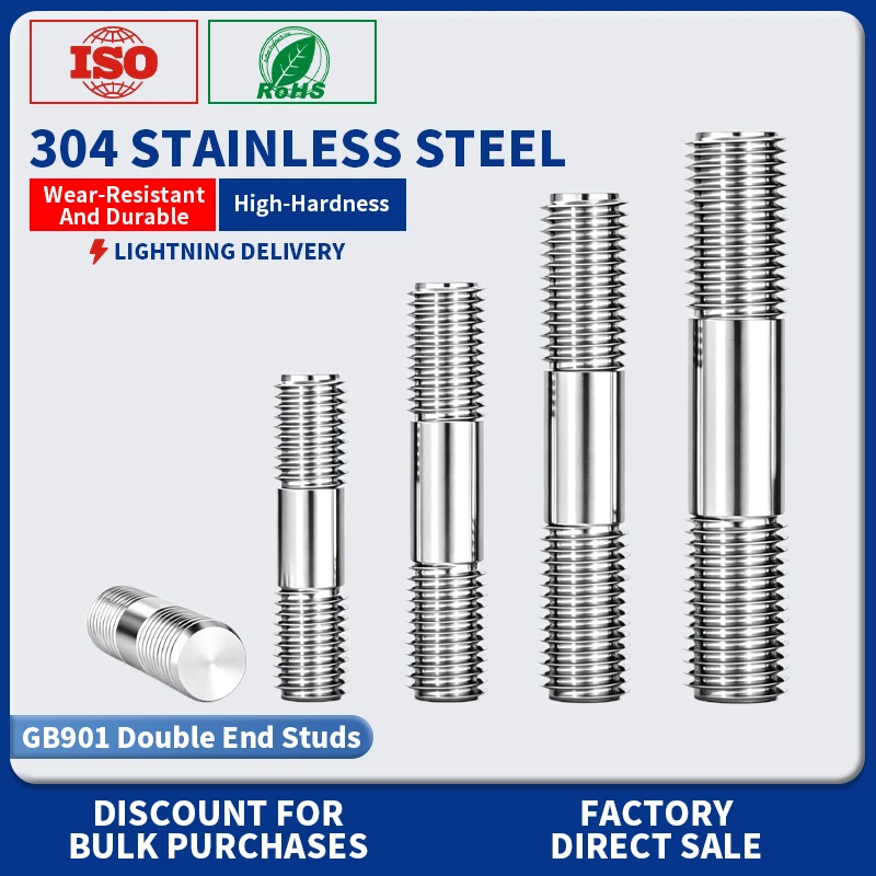 304 Stainless Steel Double End Stud Bolt, Double Head Threaded Rod Bar Stud Screw M6 M8 M10 M12 M14 M16 GB901