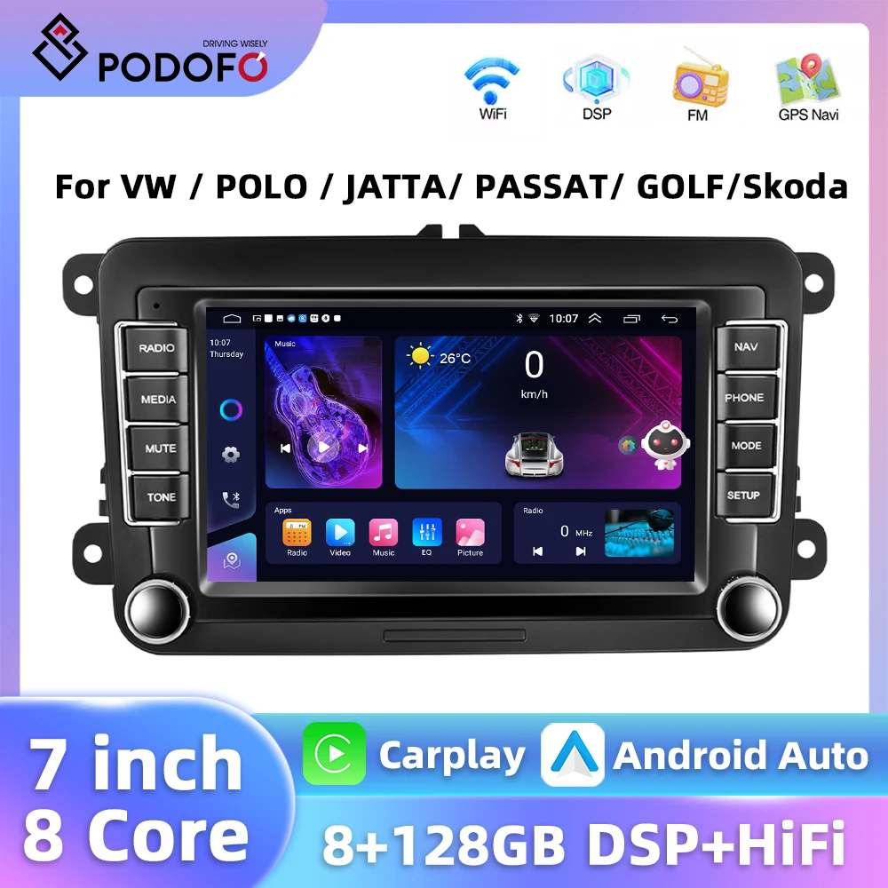 Podofo 8 Core 8+128G 7'' Car Stereo For VW Golf Polo Skoda Rapid Carplay Android Auto AI Voice 4G WIFI GPS Navigation Car Radio