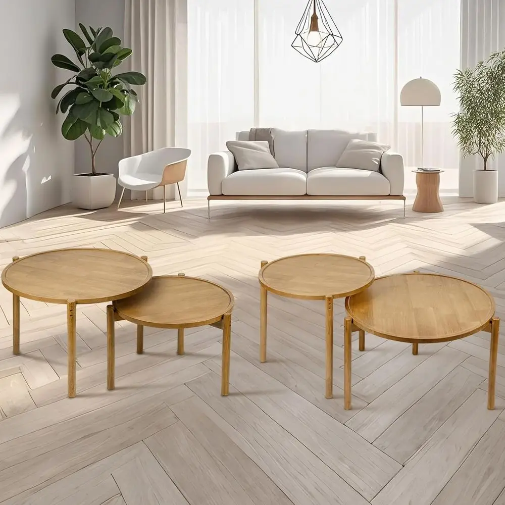 リビング、寝室、バルコニー用の無垢材の丸いネストテーブルのペア