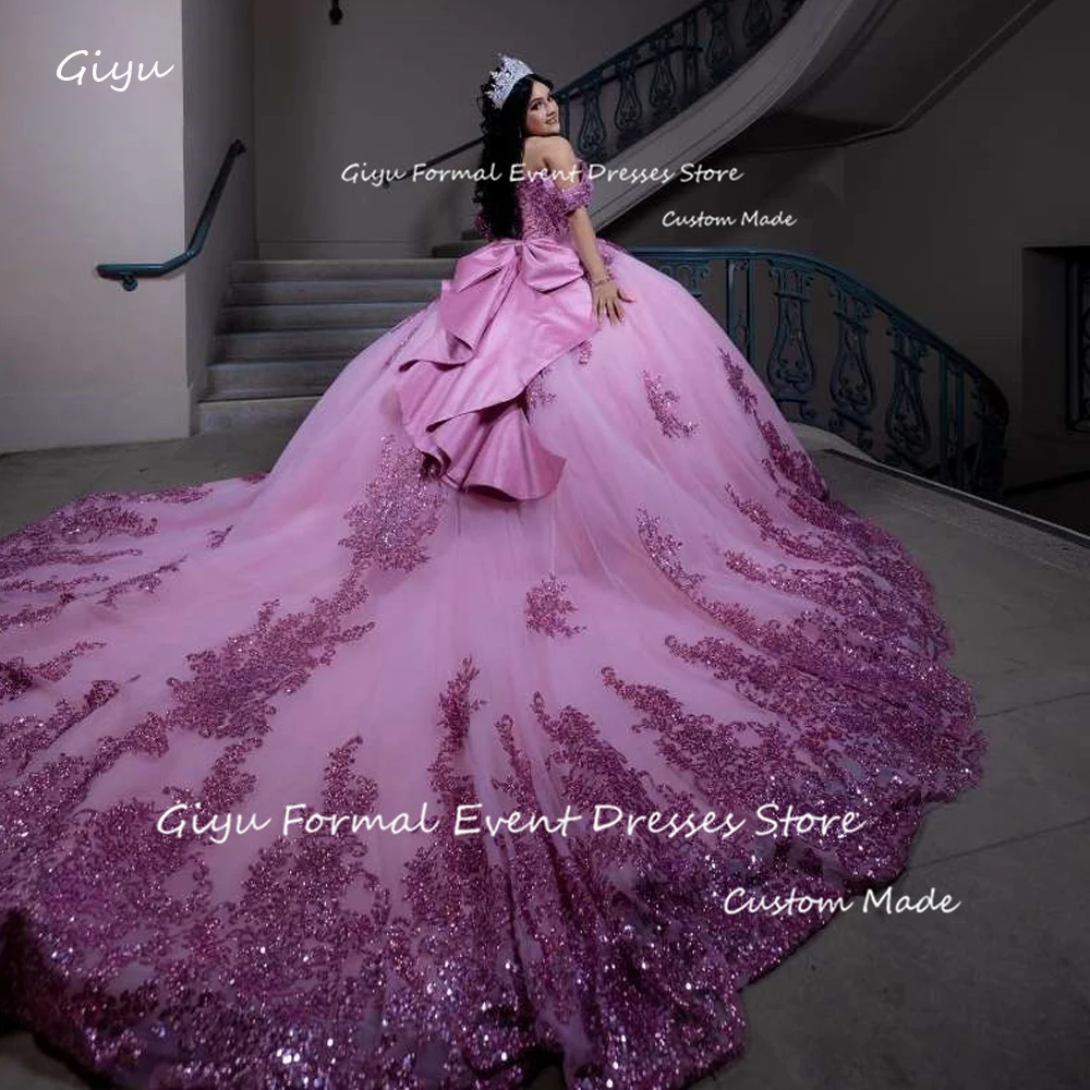 

Блестящие фиолетовые трапециевидные платья Giyu для Quinceanera, свадебное платье, блестящее кружевное бальное платье с аппликацией, платье для выпускного вечера, милые платья для девушек 15 16