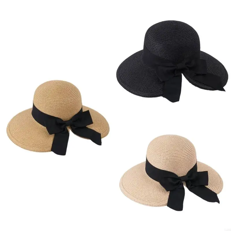 قبعة شمسية من القش الطبيعي ذات حواف واسعة تحجب الشمس، قبعة قابلة للطي مع عقدة فيونكة