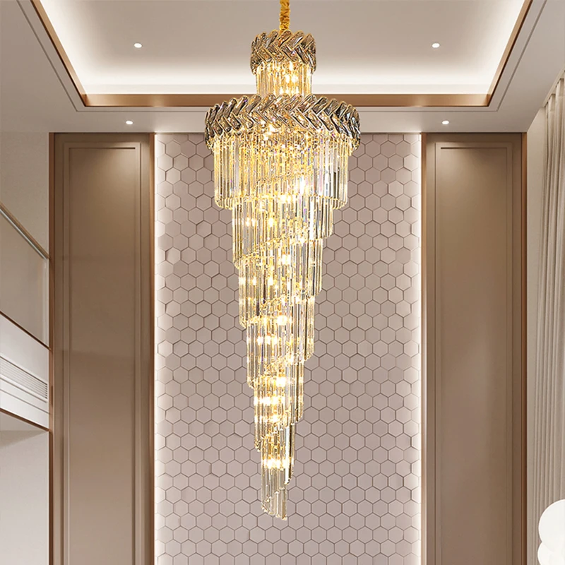 

Luxury modern chandelier lighting for staircase large long smoky gray crystal lamps hallway lobby gold indoor lighting