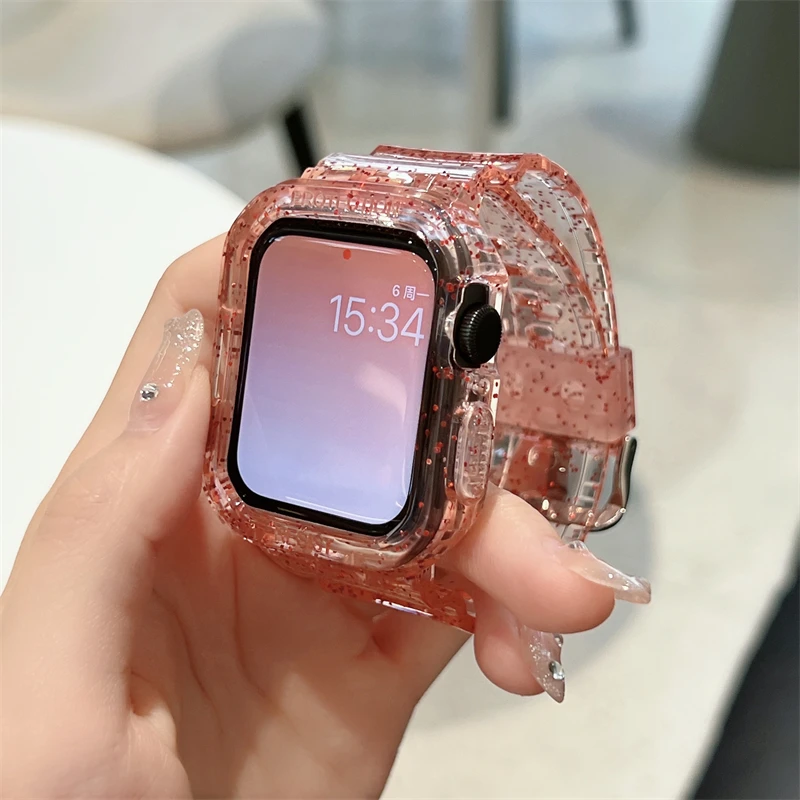 Glitter Women Clear Plastic Bands For Apple Watch Strap 41mm 45mm 44mm 40mm 42mm 38mm Sports Wristband For iWatch 7 6 SE 5 4 3 2