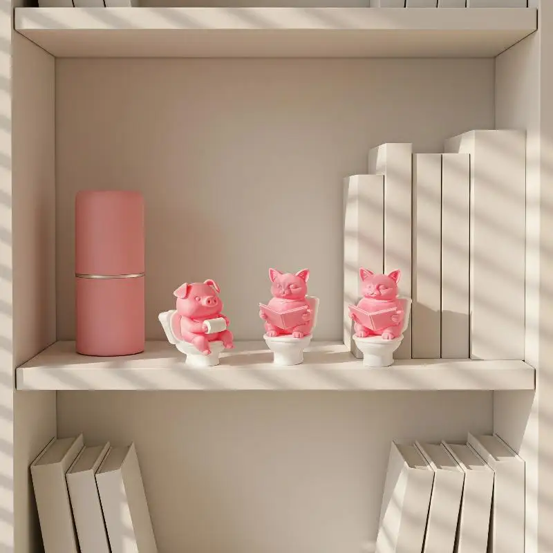 New Funny 3D Printed Cartoon Plastic Pig Figurine Sitting On Toilet Wall Mounted Desk Shelf Decor