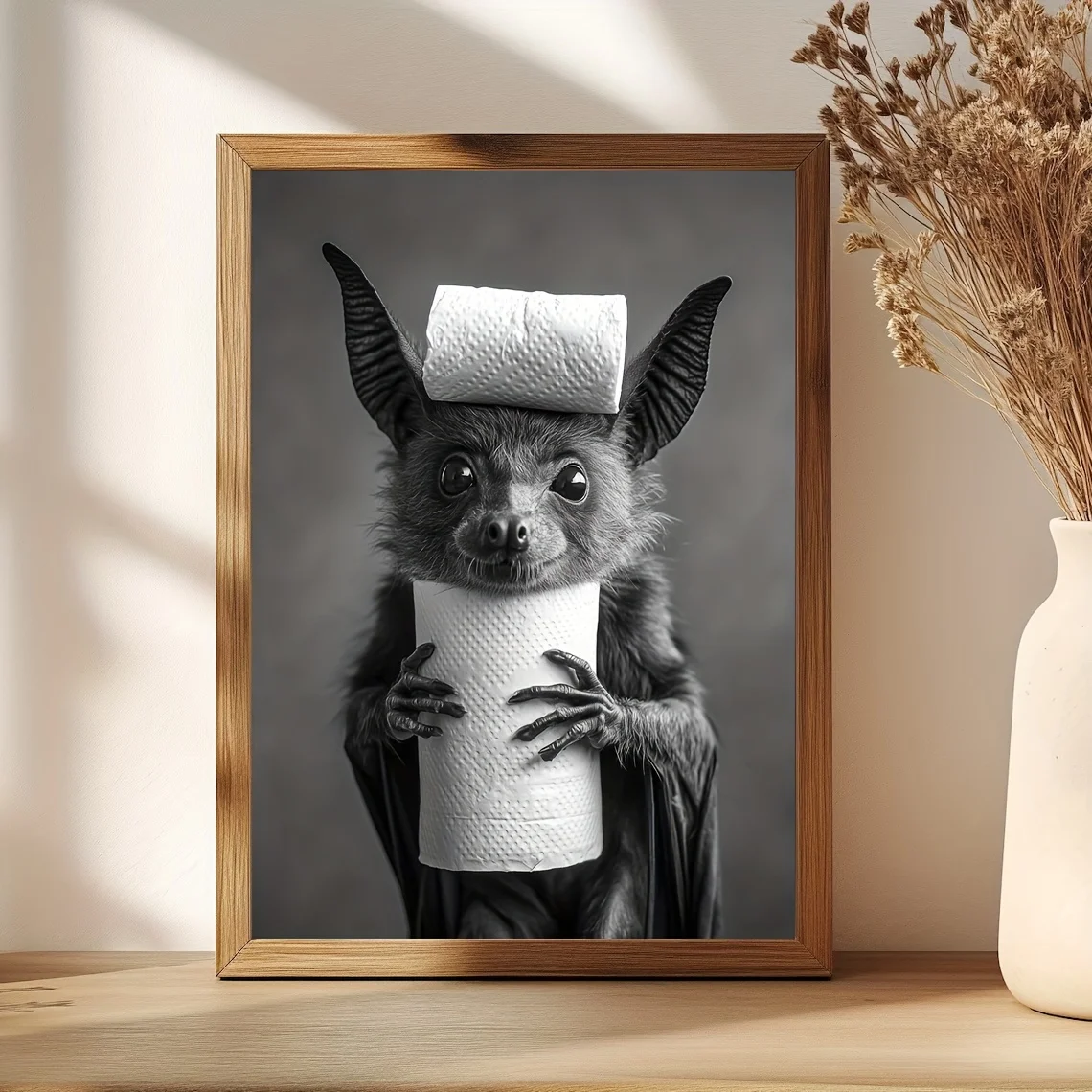 1pc Funny Bat with Toilet Paper Roll Canvas Art Print, Humorous Animal Canvas Wall Art, Vintage Halloween Bathroom Decor Poster