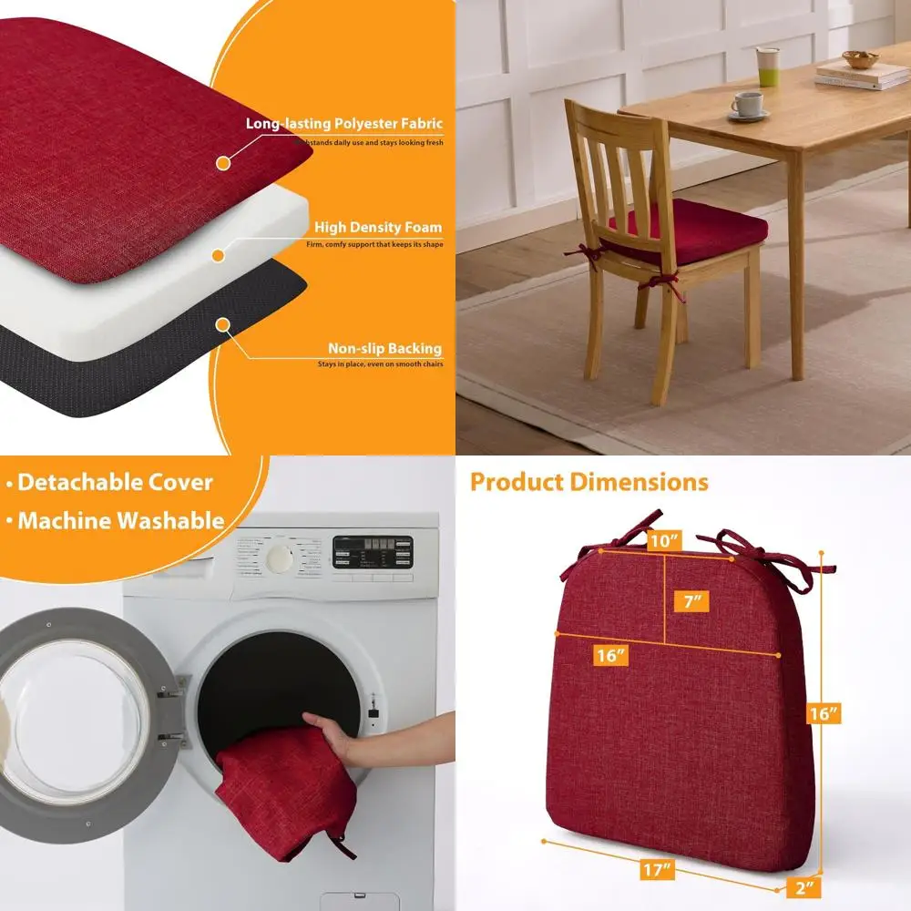 

Thick 2 Seat Cushions for Dining Chairs, Washable D-Shape Kitchen Chair Pads, Non-Slip Backing, 17 x 16, Set of 6, Red