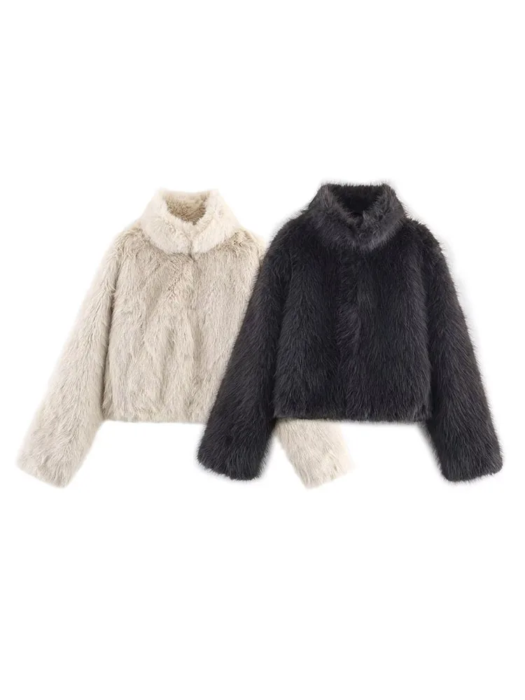 HH Neue Damenmode Winter Warme Jacke Mit Kunstfell Lange Ärmeln Halb Einfarbig Kurzmantel Lässige Lose Jacke