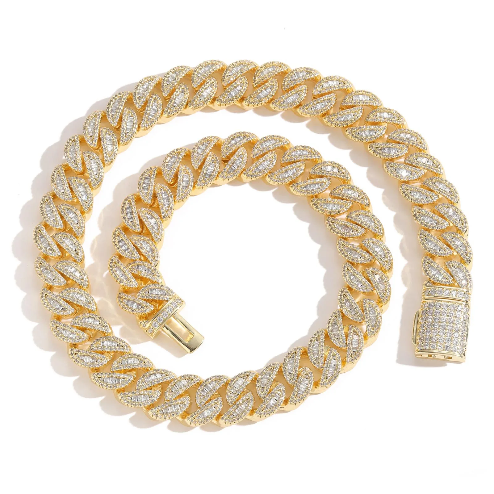 

15mm Baguette Cuban Link Prong Setting 2 Colors Miami Choker Iced out Chain Bling CZ Necklace Hiphop Jewelry