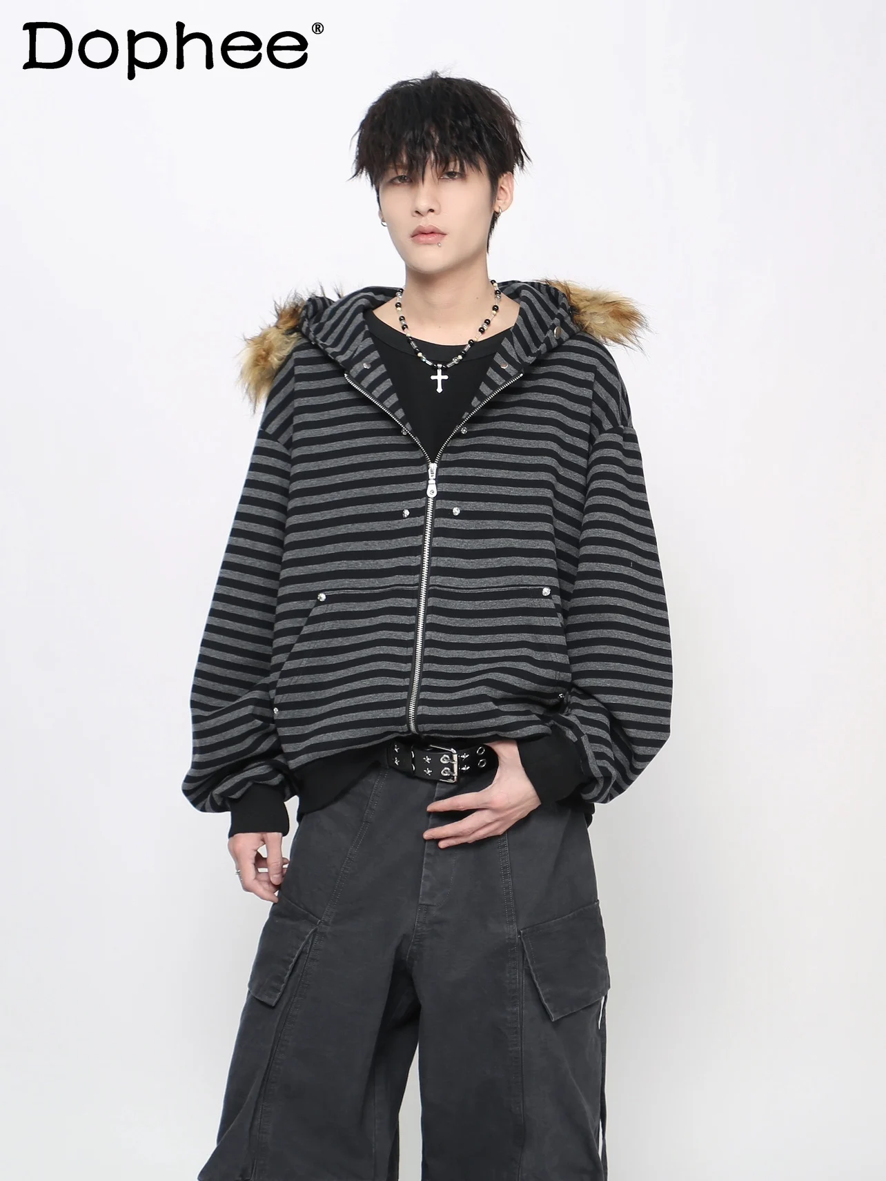 

American Retro Striped Detachable Fur Collar Hooded Cardigan Sweatshirt for Men Autumn Winter Couple Loose Zipper Casual Jacket