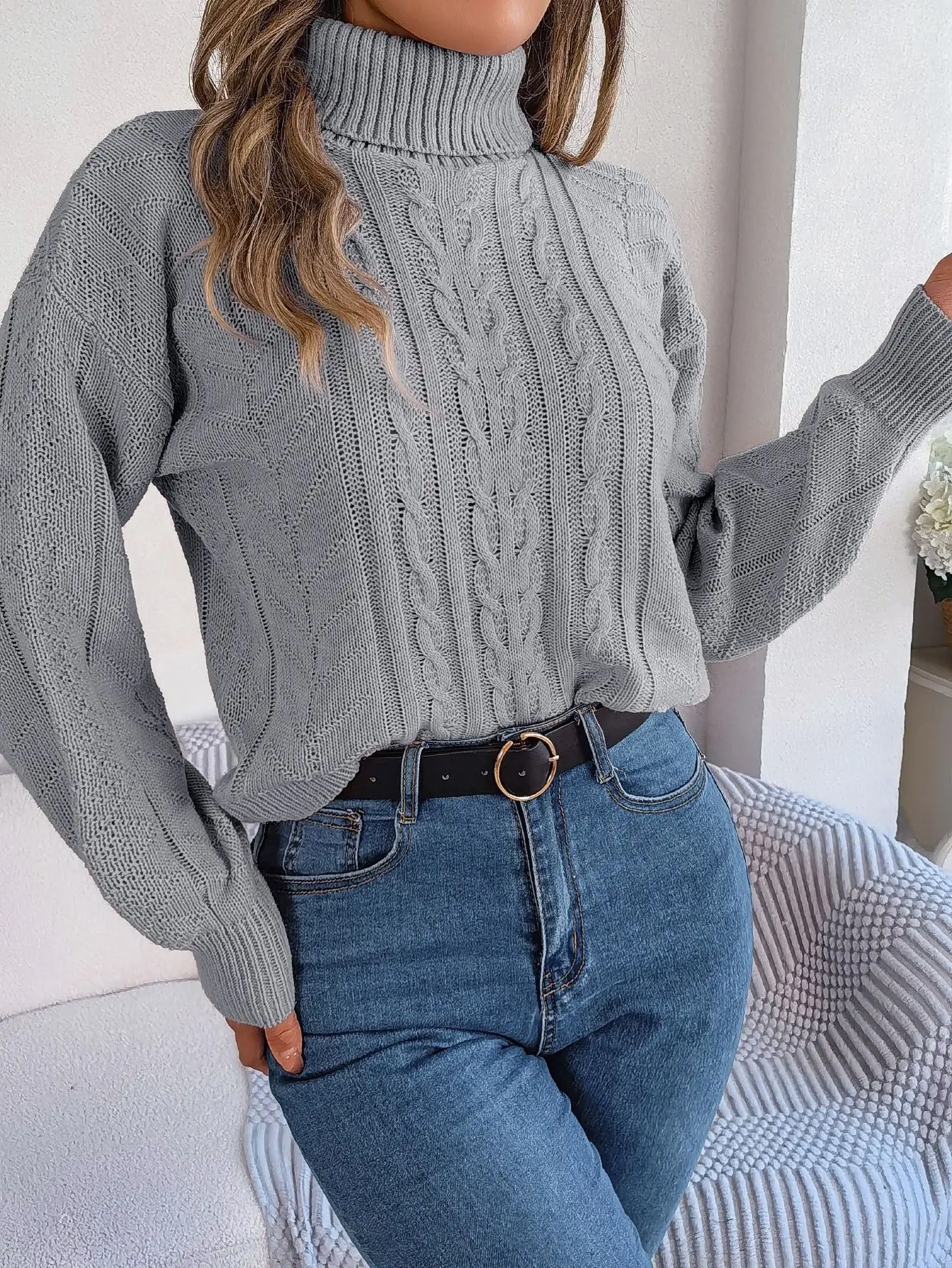 

Sweater for Female Autumn and Winter New Fashion High Collar Twist Design Long Sleeve Knit Pullover Casual Blouse