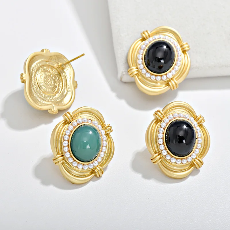 Vintage Elegant 18k Gold Plated Pearls Black Green Glaze Stud Earrings Set for Women , Female Woman Ear Accessories Gift