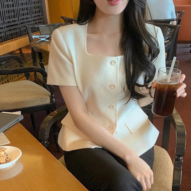 

Korean Style T-shirt Vintage Grey Square Neck Waist Cinching Short Sleeve Blouse Office Commute Casual Daily Wear For Women New